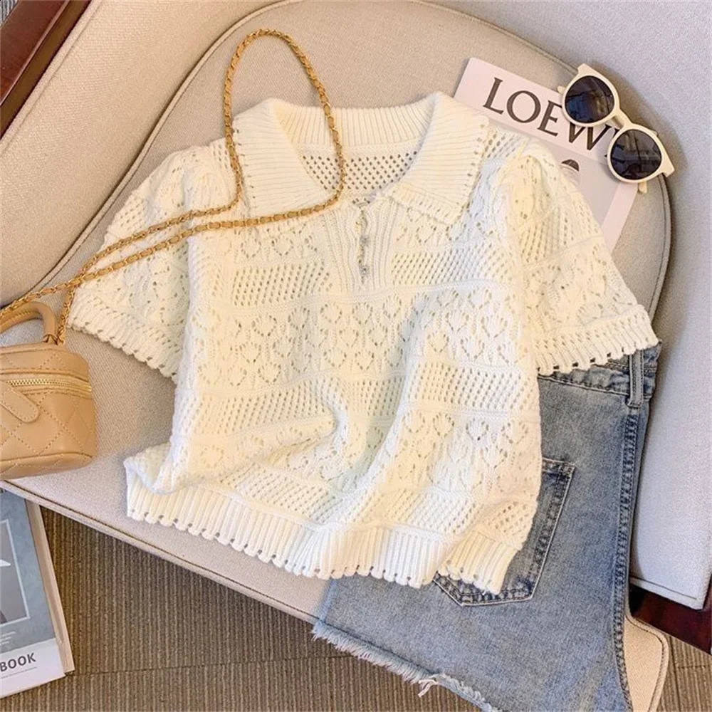 Summer Hollow Out Crochet Thin Pullover Top Womens Blouse Tees French Fashion Sweet Short Sleeve Knitted Shirt 260921