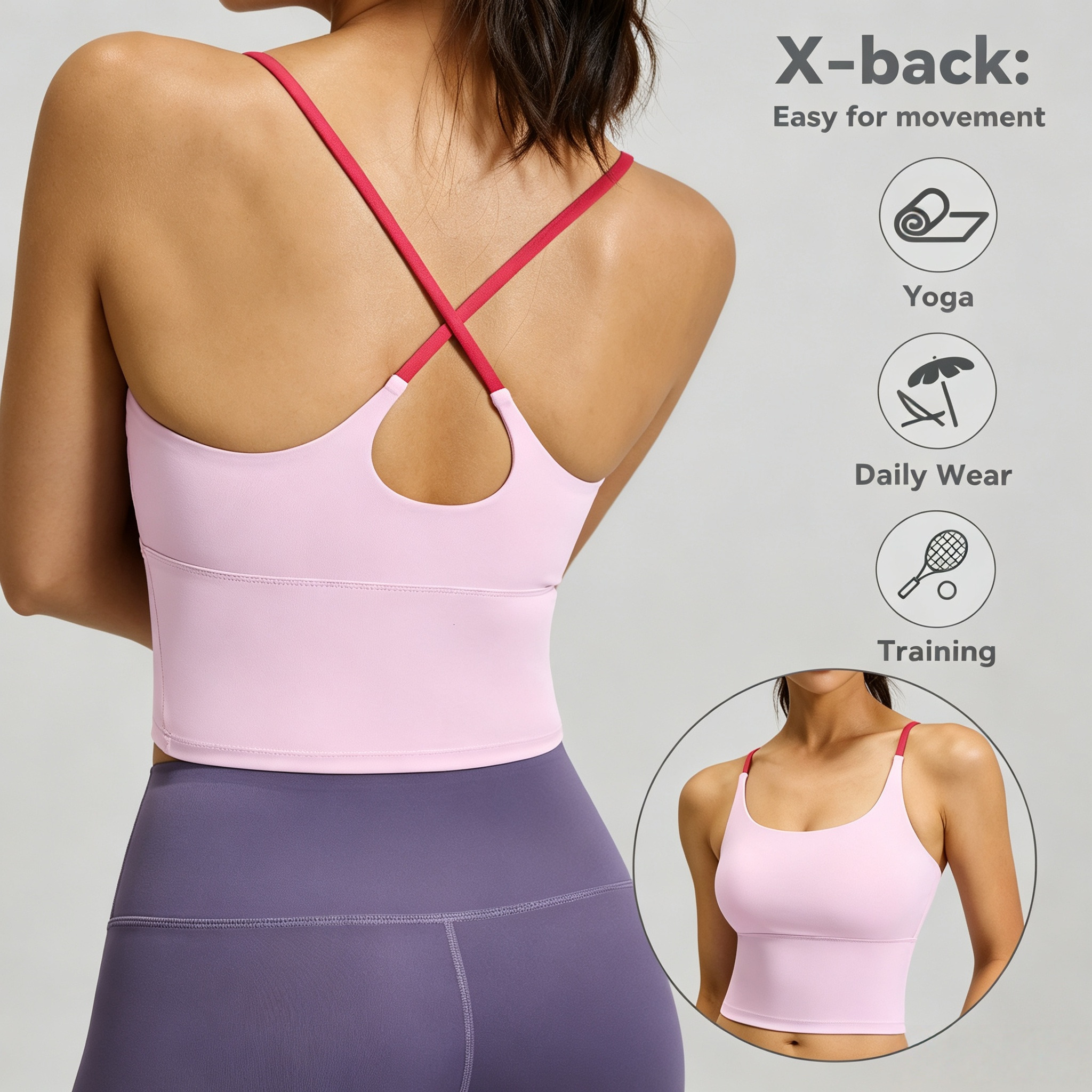 Women Cross Back Sports Bra Removable Pads, Thin Strap Breathable Yoga Top, Gym Running Daily Casual, Machine Wash Athletic Tank J260922