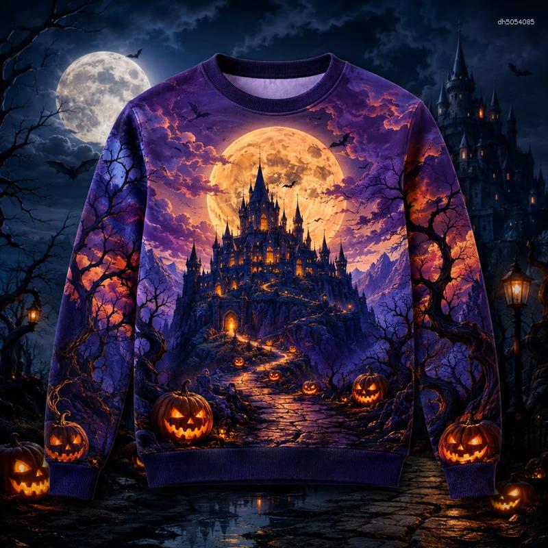 Fashion Skeleton Pumpkin Castle Print Halloween Sweatshirt For Men Trendy Streetwear Long Sleeve Sweater Cool Oversized Pullover