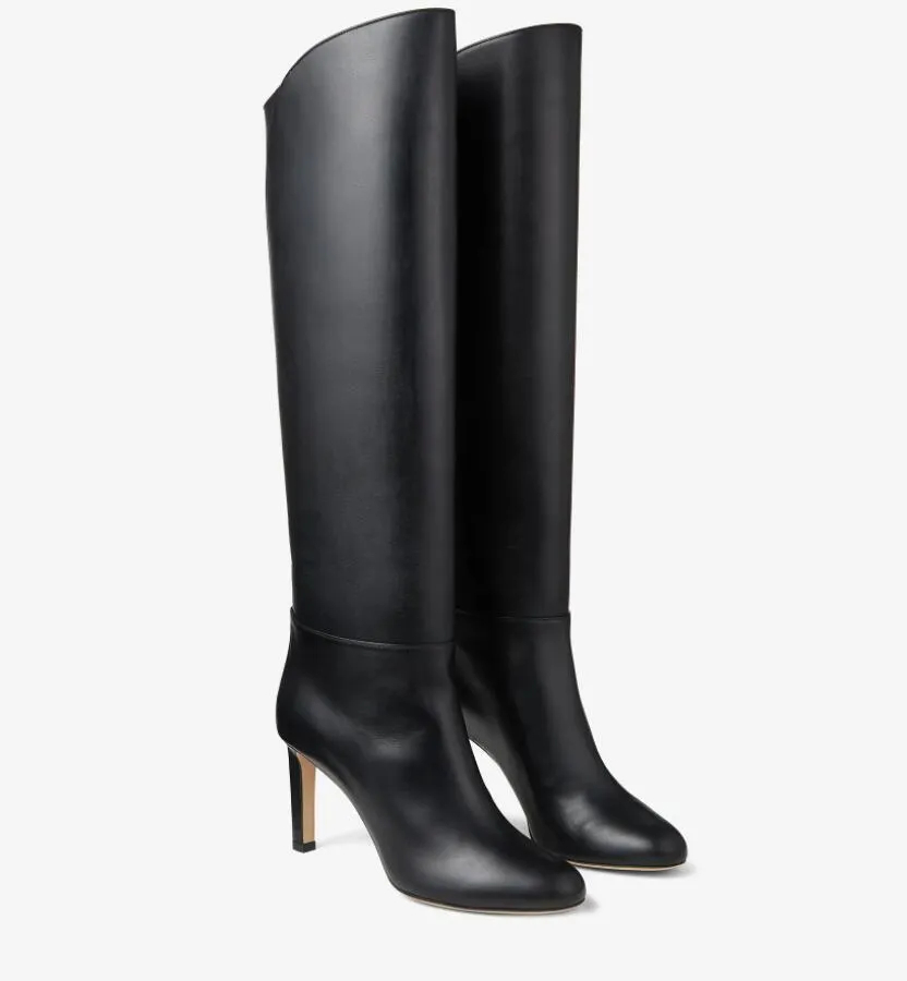 NEW Winter long boots black leather women pump heels Karter 85MM Black Calf Leather Knee-High Boots luxury designer winter thin heeled with box 35-4