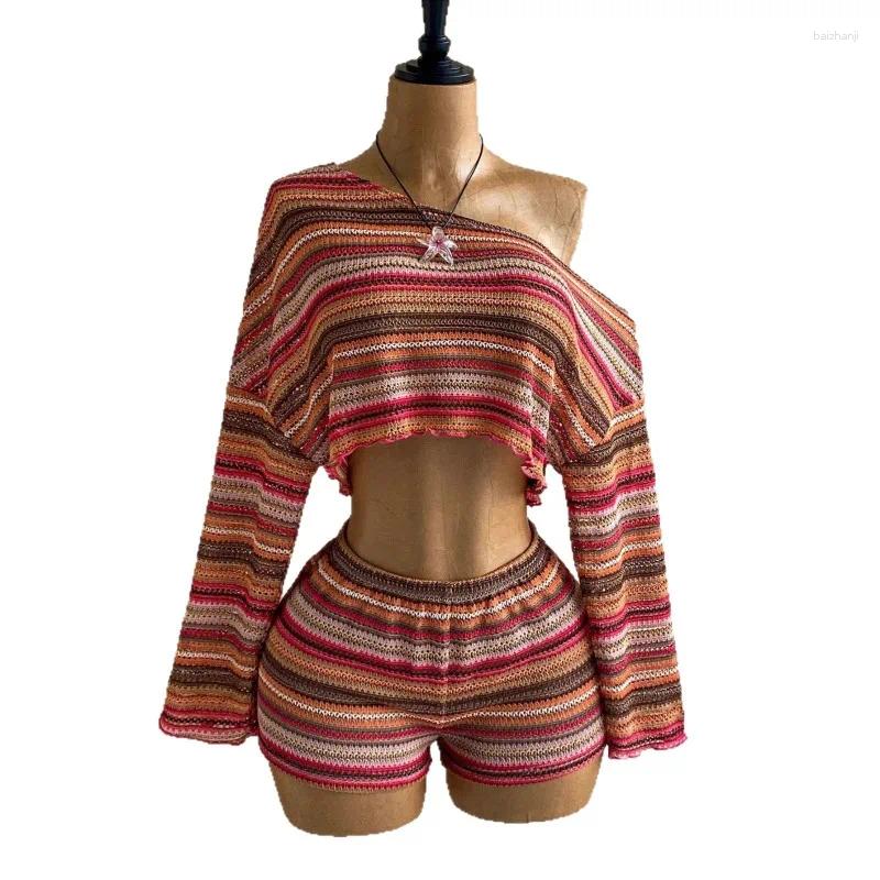 Women Striped Knit Two Piece Set Asymmetric Off Shoulder Crop Top And Shorts Outfit For Summer