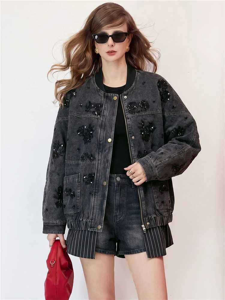 Women's Jackets Women Oversized Beaded Embroidered Denim Jacket Floral Applique Loose Bomber Jean Coat Heavily Embellished Streetwear Outerwear