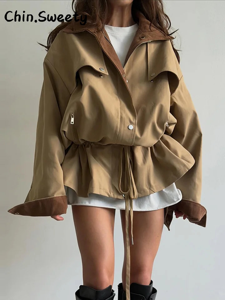 Fashion Womens Patchwork Lapel Long Jacket Loose Full Sleeve Lace Up Zipper Trench Coat 2026 Autumn Lady Casual Windbreaker 260922