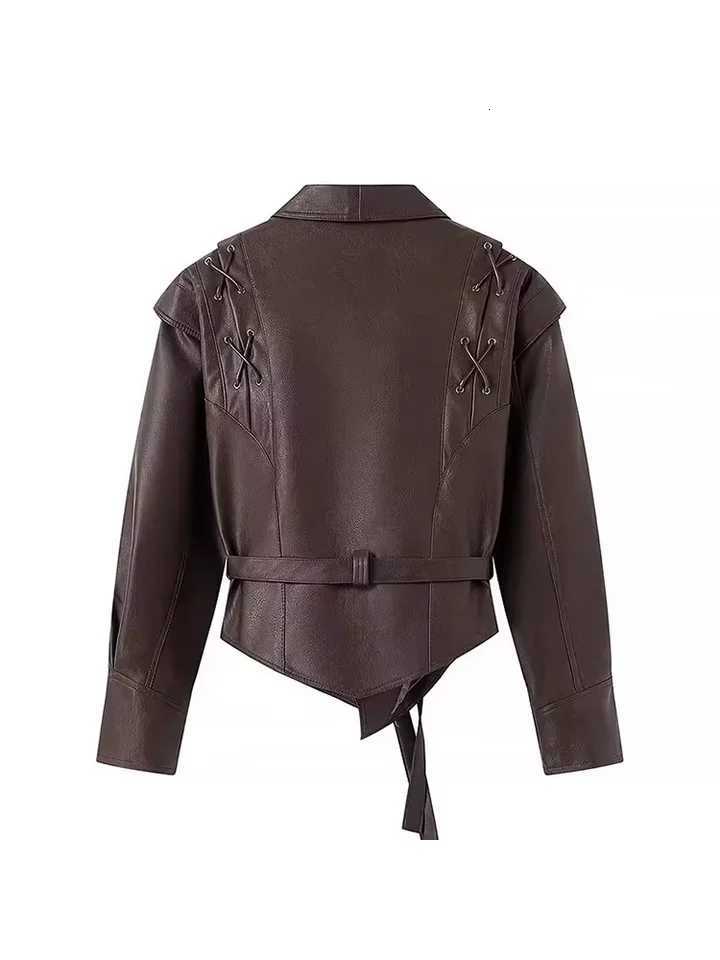 Women's Jackets Lautaro Spring Distressed Brown Short Asymmetrical Pu Leather Jacket Blazer Women Retro Vintage Fashion Luxury Designer Clothes