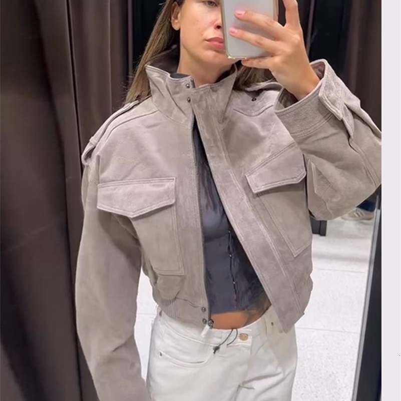 Women Solid Suede Cropped Jacket Stand Collar Drop Shoulder Long Sleeve Zip Up Flap Pockets Casual Coat 2026 Autumn Chic Jackets 260921