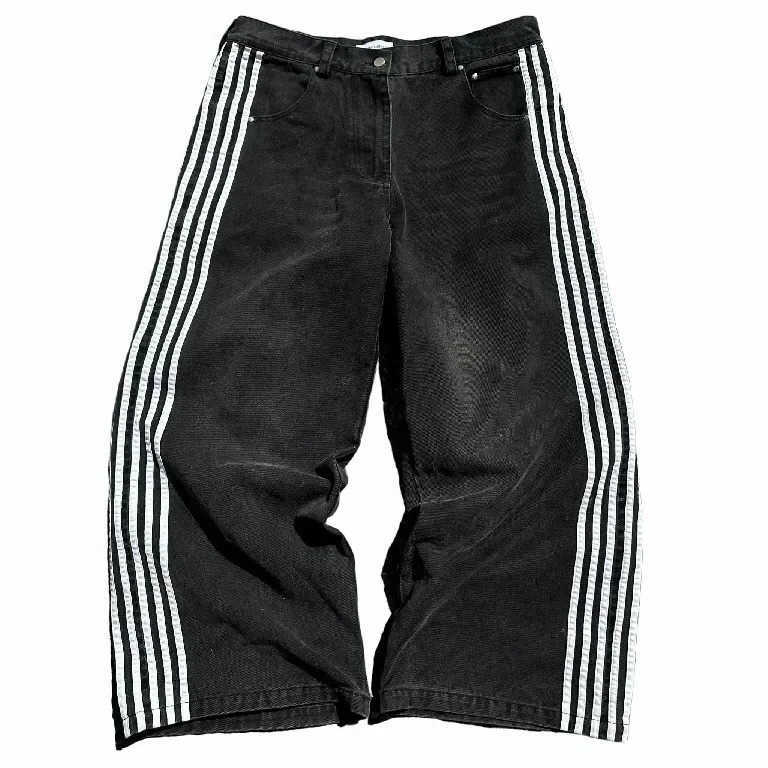 Stripe Side Baggy for Men Rock Embroidered Black Denim Pants Women Waisted Y2k Trousers S26092262AR