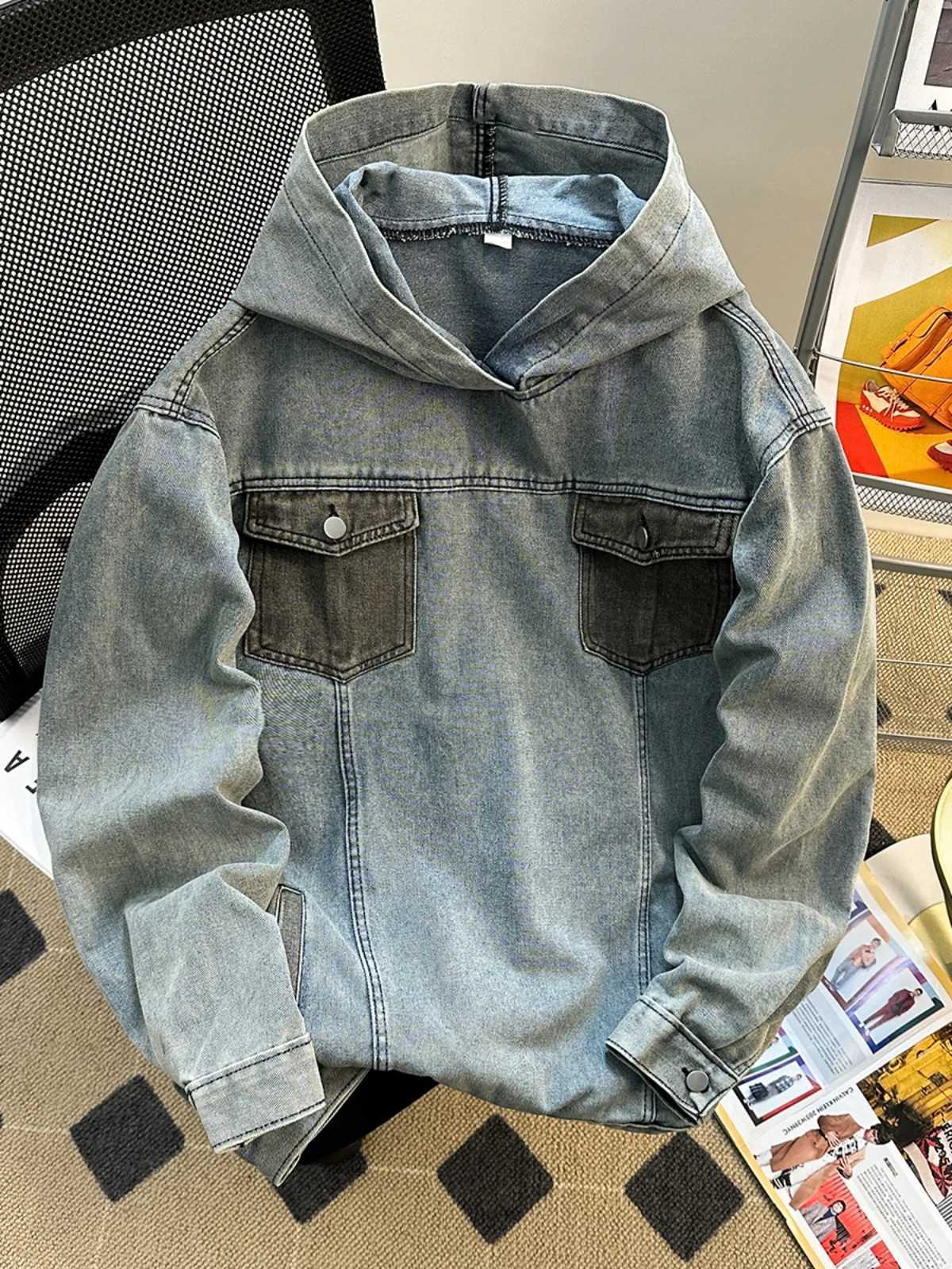 Men's Hoodies Sweatshirts Spring Autumn Denim Hoodie Splicing with Pockets Men's Sweatshirts American Casual Fashion Loose Jean Male Pullo