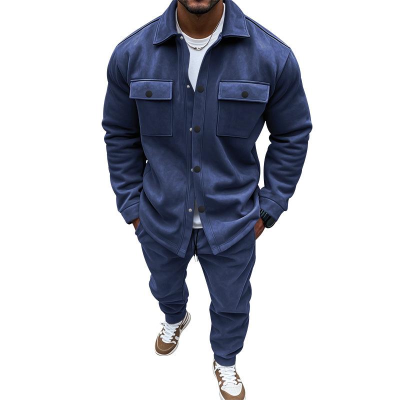 Ensemble chemise multi-poches pour hommes, veste et pantalon de jogging, texture en daim, manches longues, haut boutonné, cordon de serrage à la