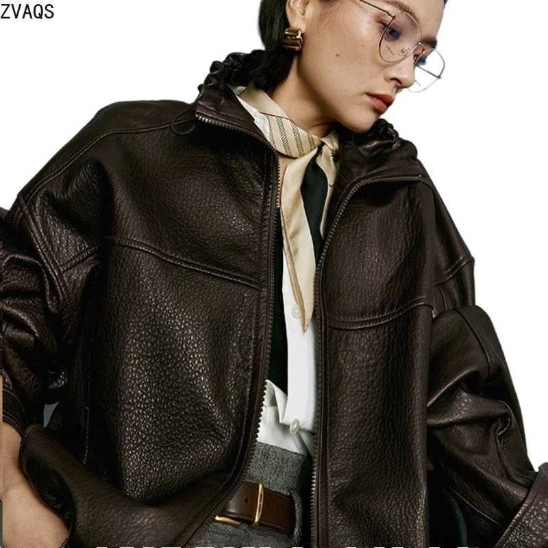 Gloss ZVAQS Women Finish Bubble Grain Genuine Sheepskin Jacket High Neck Cropped Moto Leather Coat for Spring Jaqueta Feminina C260921