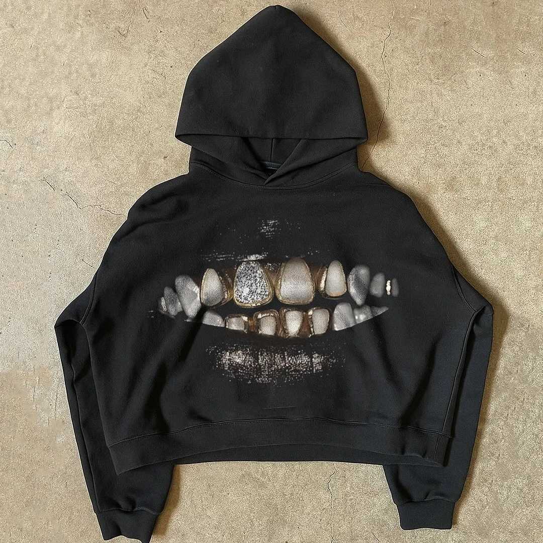 Men's Hoodies Sweatshirts Y2K New Gothic Pullover Hoodie Men Women Harajuku Vintage Teeth Graphic Printed Black Sweatshirt Oversized Hoodie Cas