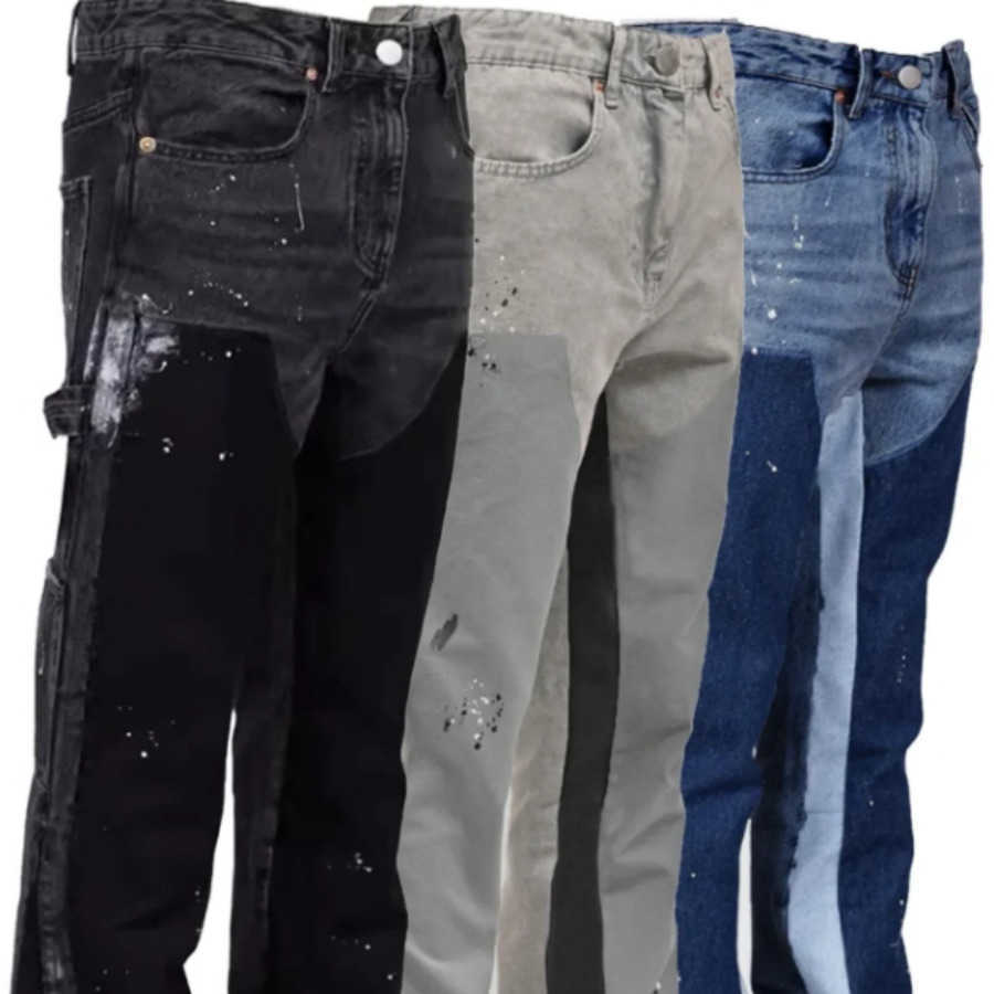 Jeans 2025 Men's Men's Fashion Jeans Work Pants European and American Fashion Workwear Elastic Patchwork Denim Layered Flared Pants S-XXL