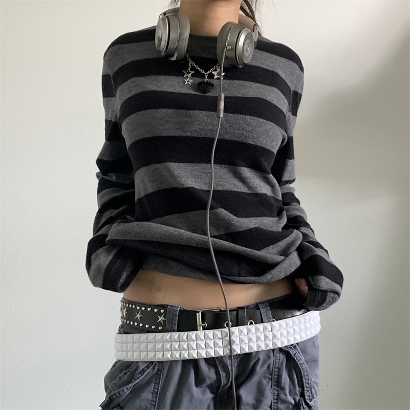Women Fairy Grunge Knit Basic Shirt Autumn Y2K Grey Black Striped Long Sleeve Round Neck Tops Emo Tee 260921
