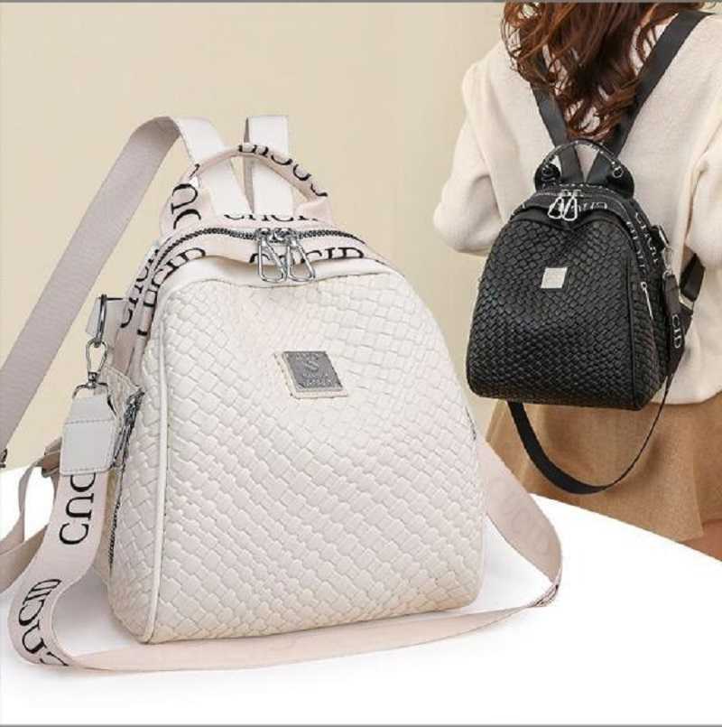 Style New Fashion Backpack Woven Pattern Soft Leather Backpacks Women Large Capacity Travel Shoulder Bags Totes Ladies Casual Backpack H260922