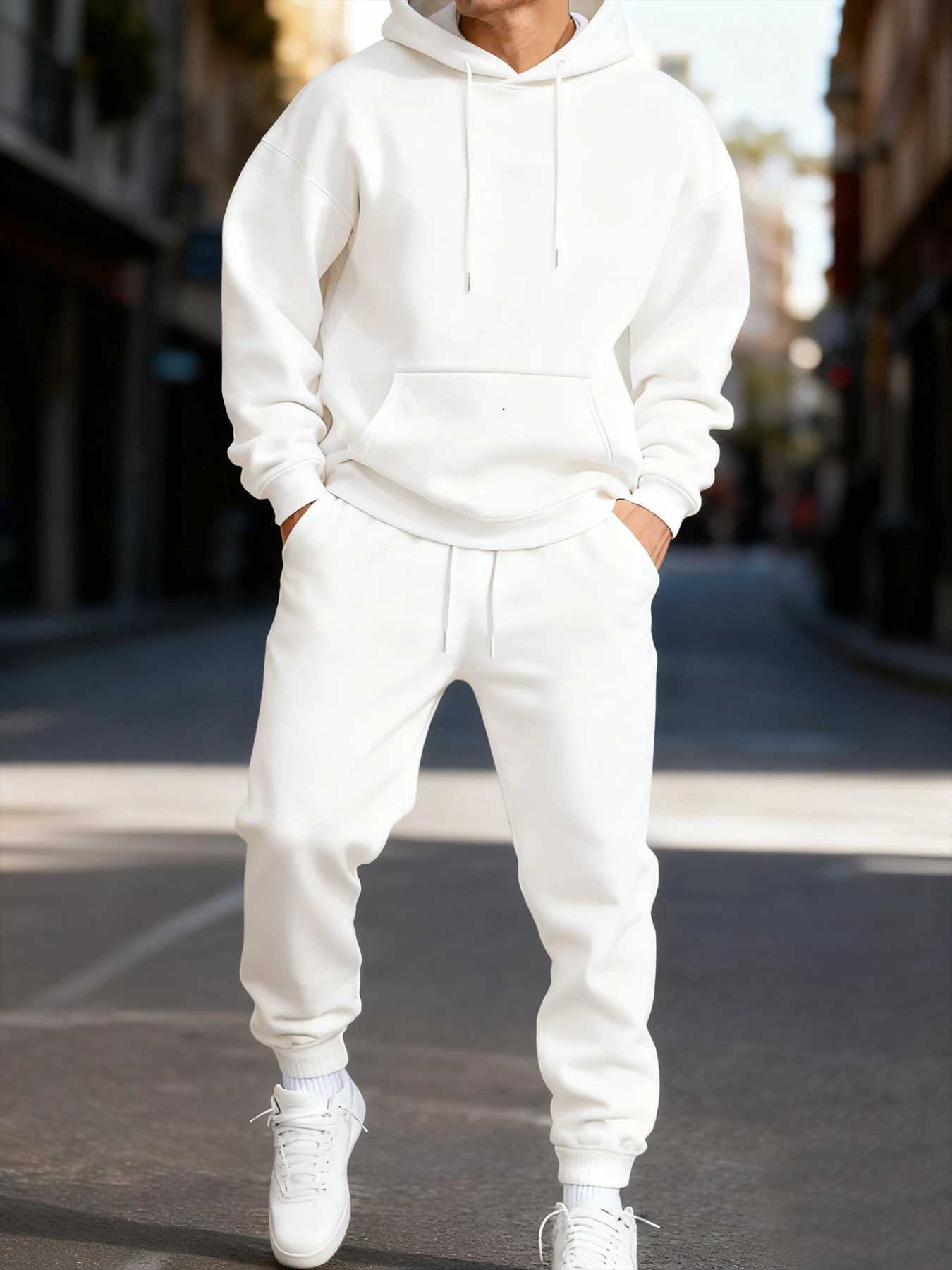 Tracksuits Man Hoodie Men's Set Winter Solid Color Two Pices Sets Long-Length Street Clothes Casual Sports Sweatpant Hoody Unisex Fashion Suit