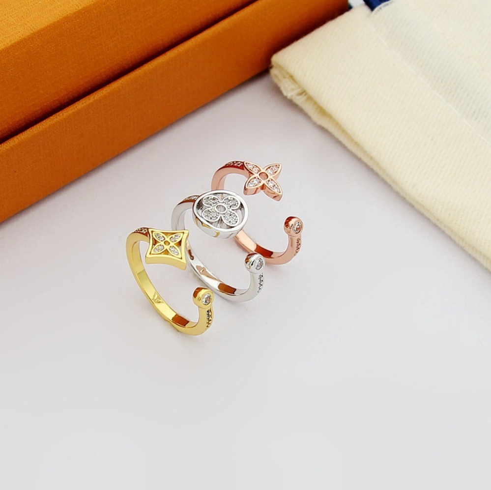 Full Diamond Hollow Open Rings Four-leaf Clover Designer Rings Three-color Three-piece Ring Womens Flower Luxury Ring