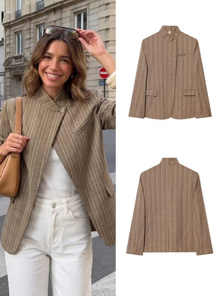 Women's Jackets HH Women Autumn Long Sleeve Outerwear Stand Collar Single Button Brown Plaid Blazer Coats 2026 Casual Office Lady Formal Jacket