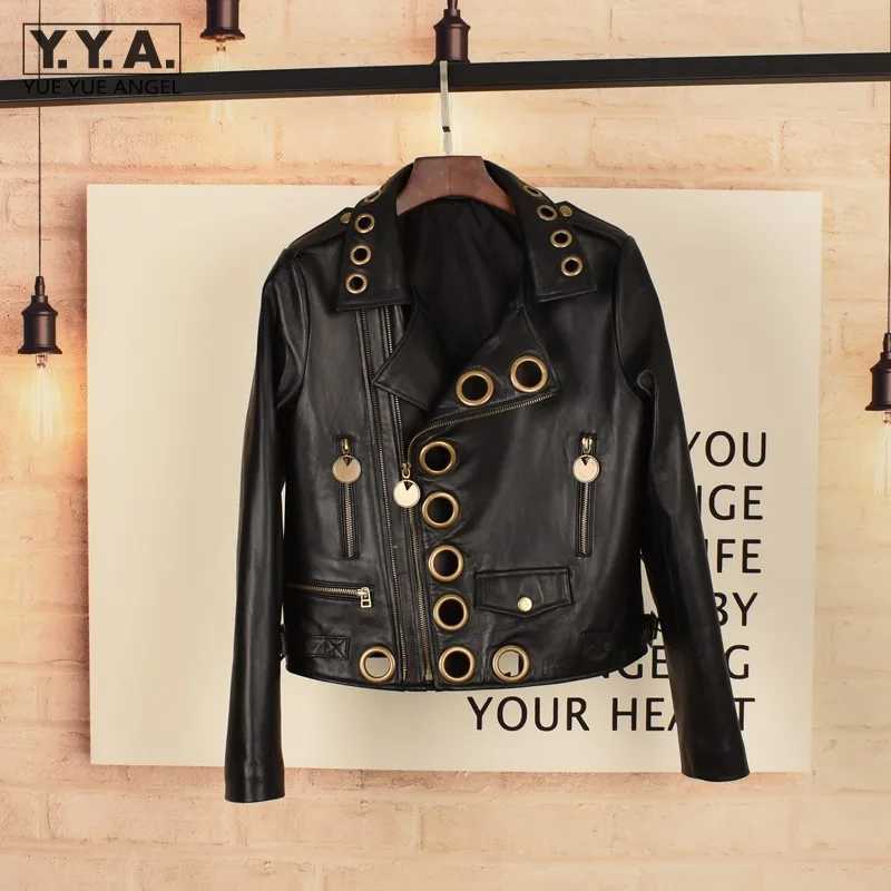 Designer Women New Metal Hollow Out Sheepskin Real Leather Jacket Punk Style Moto Biker Short Outwea Coat Genuine Leather Jacket C260921