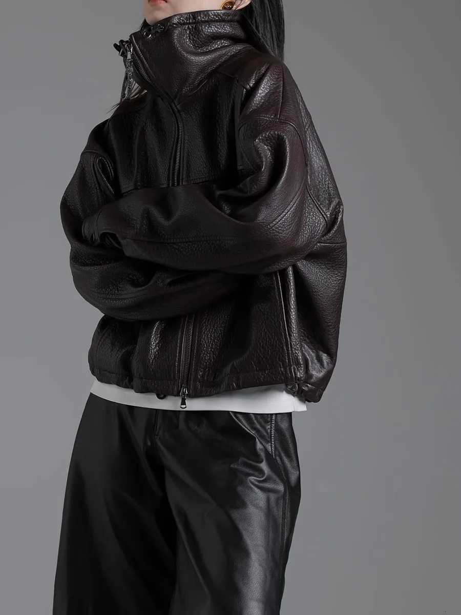 Spring Autumn Lautaro Cool Waterproof Short Brown Pu Leather Jacket Women with Long Raglan Sleeve Zip Up Luxury Designer Clothes C260921