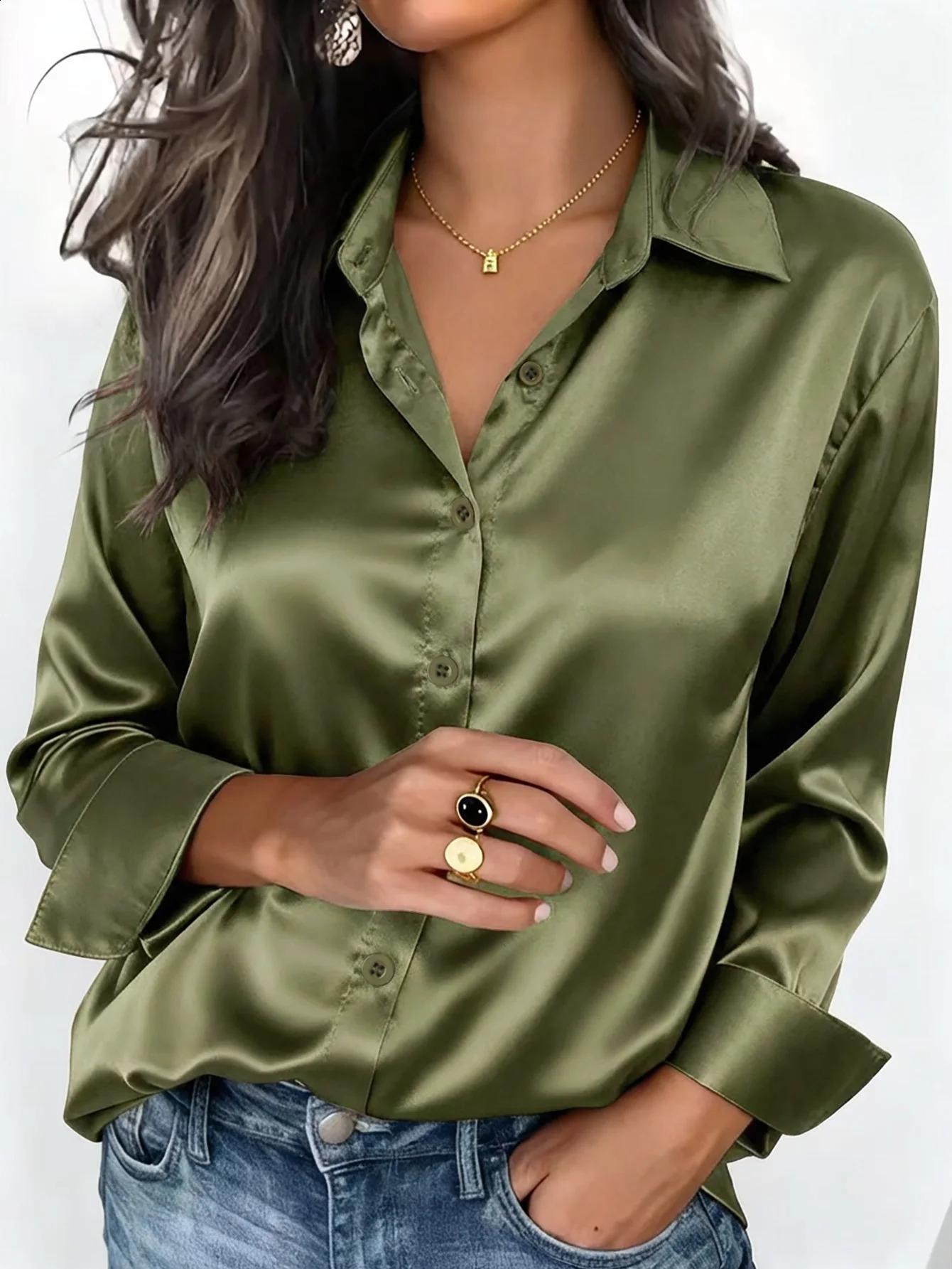 Satin Finish Long Sleeve Shirts Tops Fashion Women Single Breasted Lapel Blouses Casual Office Lady Commute French Outwear 260920