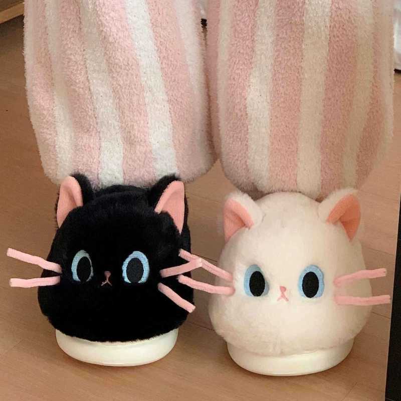 Women Indoor Fluffy Slippers Cute Cartoon Cat Girls Winter Warm House Shoes Soft Faux Fur Thick Sole Female Home Cotton Slides T260922