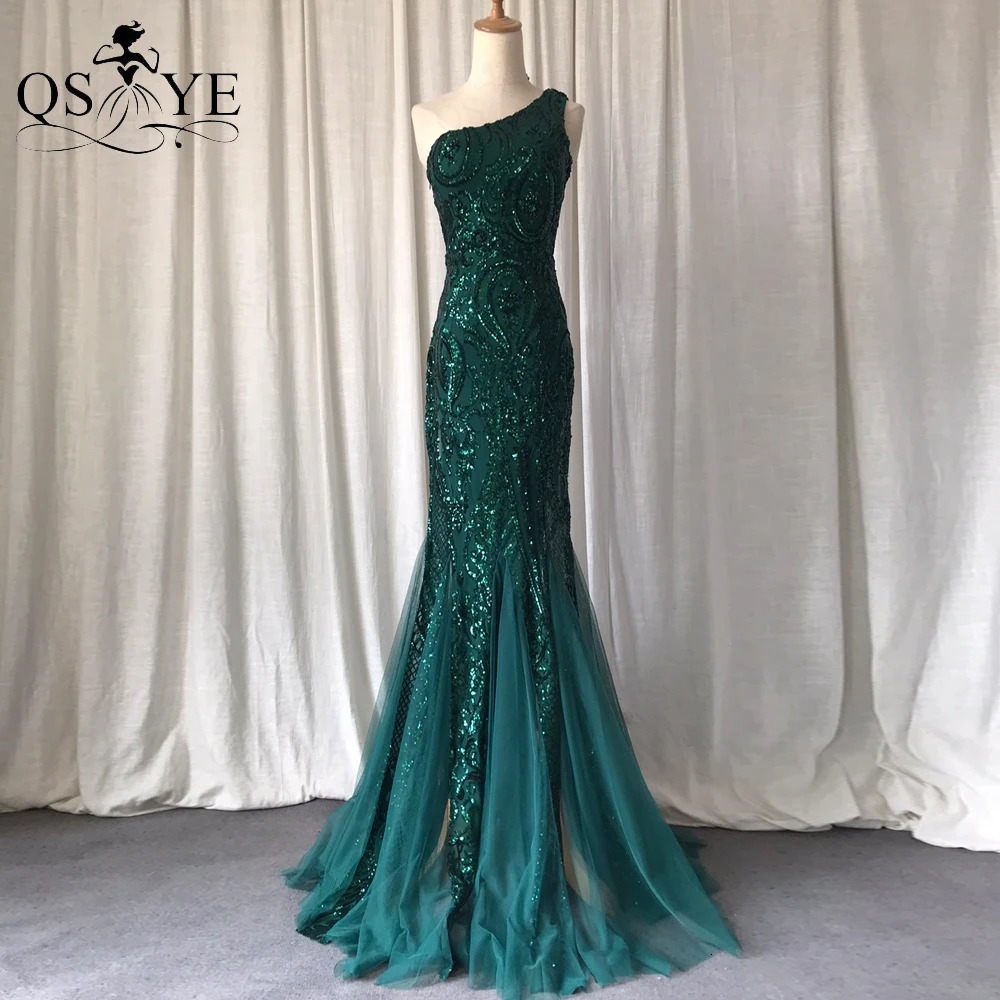 One Shoulder Emerald Evening Dresses Green Sequined Long Mermaid Prom Gown Glitter Elegant Party Dress Pattern Lace Formal Dress 260922