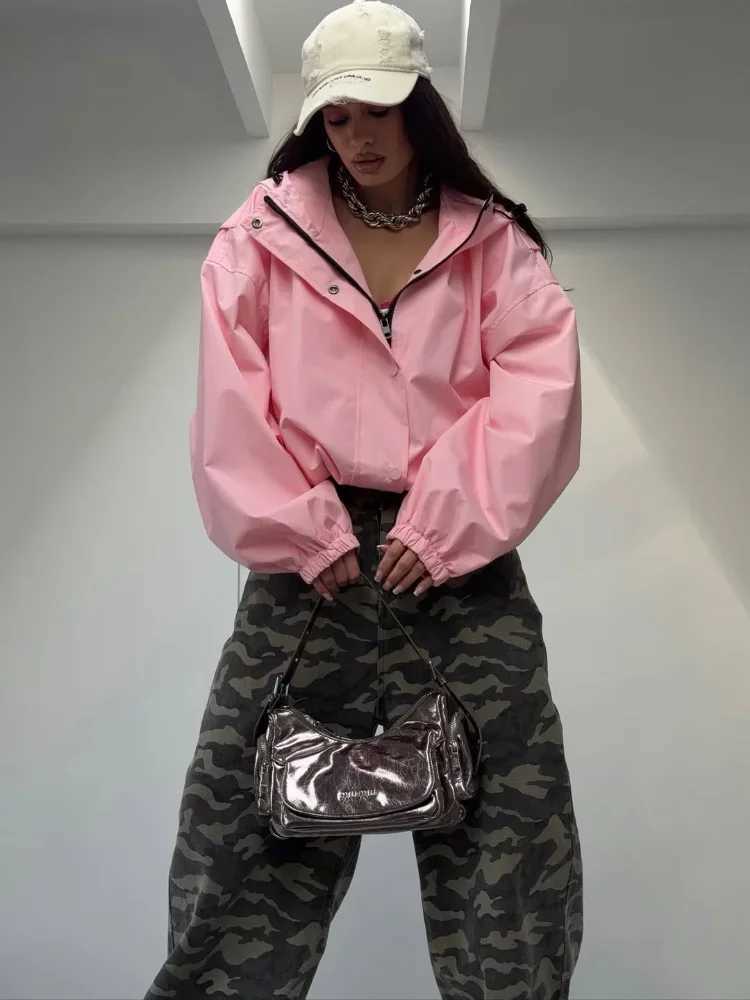 Women's Jackets Women Solid Full Zip Closure Jacket Drawstring Hood Long Sleeve Oversized Hooded Windbreaker Streetwear Lady Casual Y2k Outfit