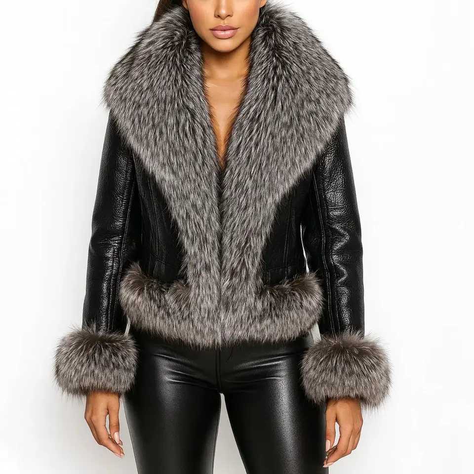 Sheep Women Genuine Leather Jacket with Big Silver Fox Fur Collar and Cuffs Bottom Hem Silver Fox Fur Inside Goose down 241120 C260921