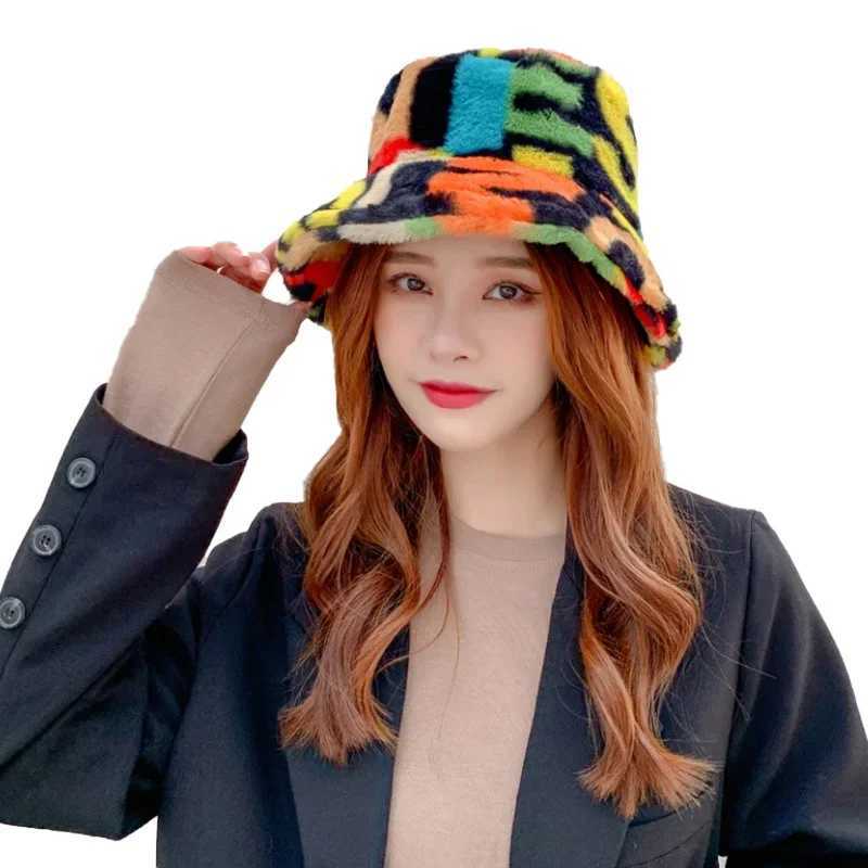 Men 2024New Winter Bucket-Hats Fluffy Fur Women Panama Hat Fashion Warm Fisherman Cap Letter Rainbow Houndstooth Leopard Printed M260921