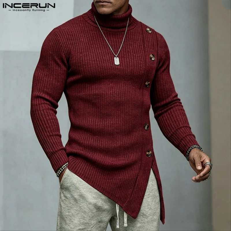 INCERUN Mens Sweaters Solid Color Turtleneck Long Sleeve Knitted Male Irregular Pullovers Streetwear Fashion Casual Men Clothes 260922