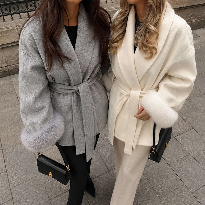 TARUXY Fox Fur Woolen Coats Women's Short Coat Office Lady Removable Elegant Double-sided Wool Overcoat 2025 Cardigan Jacket 260922