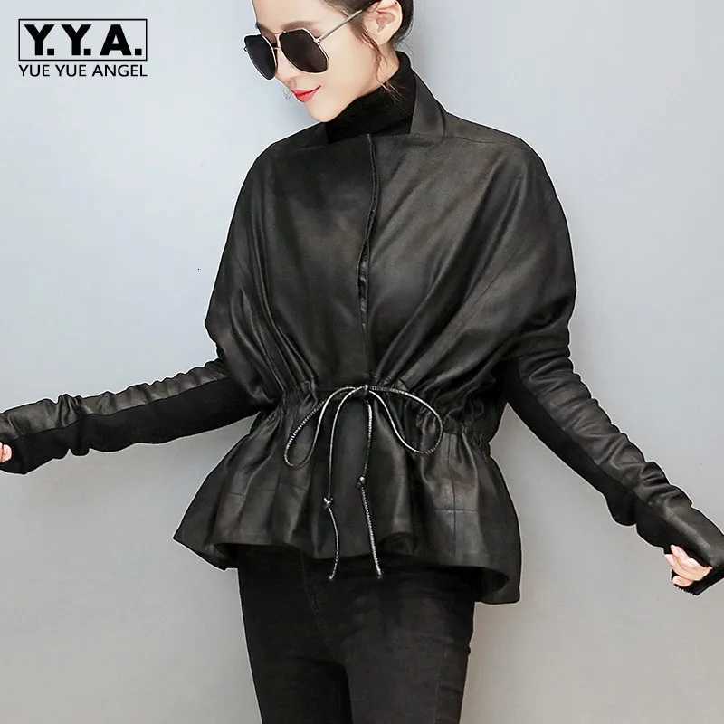 New Women Autumn Adjustable Waist Sheepskin Genuine Leather Jacket Ladies Spliced Batwing Sleeve Slim Fit Short Outerwear Coat C260921
