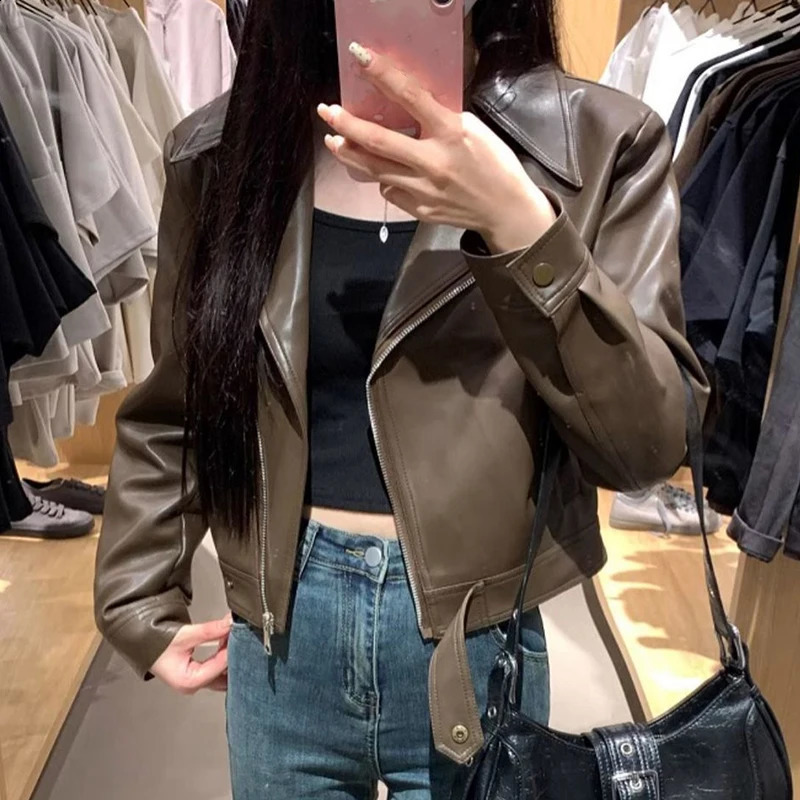 American Retro Loose Faux Leather Jacket Woman Streetwear Brown Wide Lapel Short Jackets Female Autumn Belt Zipper Coat Outwear 260921