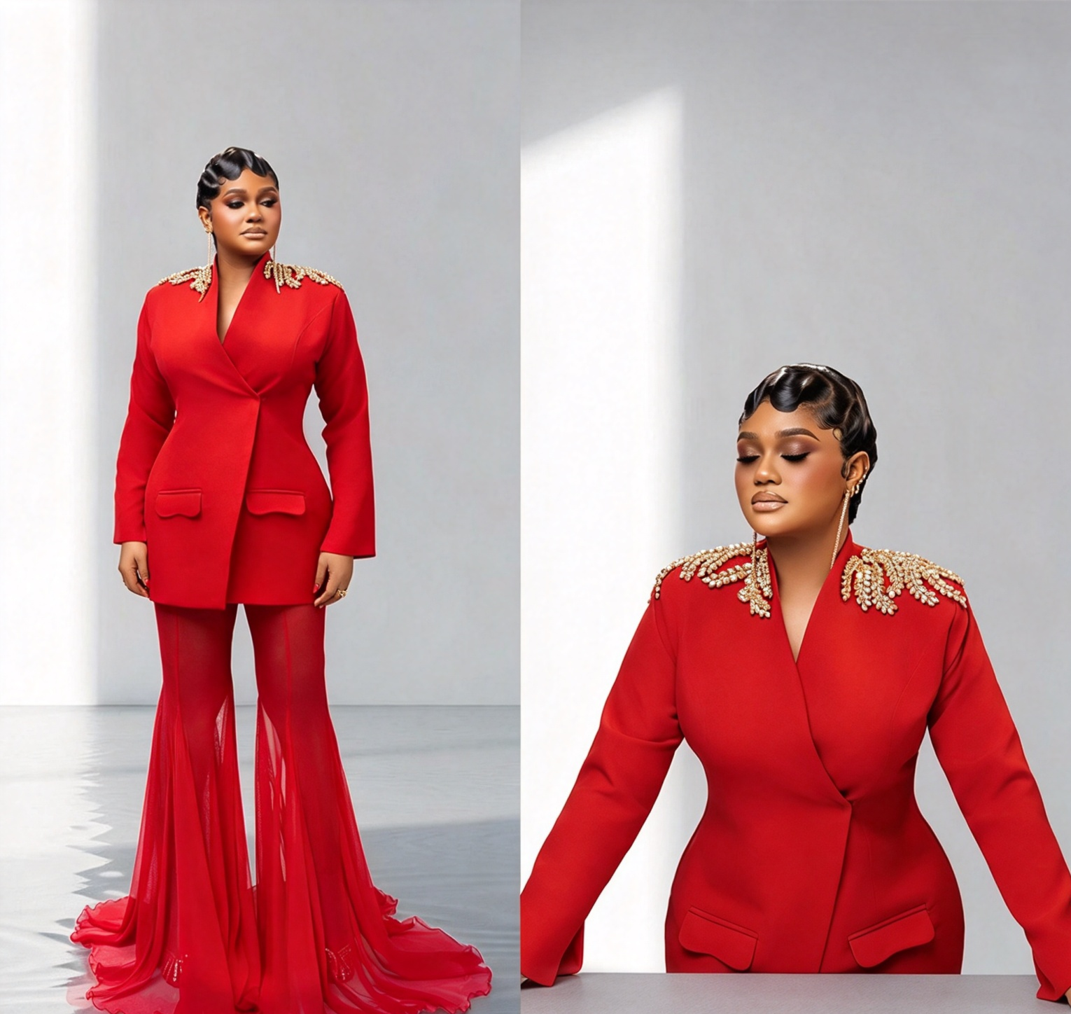 Luxury 2 Piece Pants Suit For Women Plus Size V Neck Gold Applique Blazer Flared Trousers Sets Customized Party Wedding Guest Ladies Coat