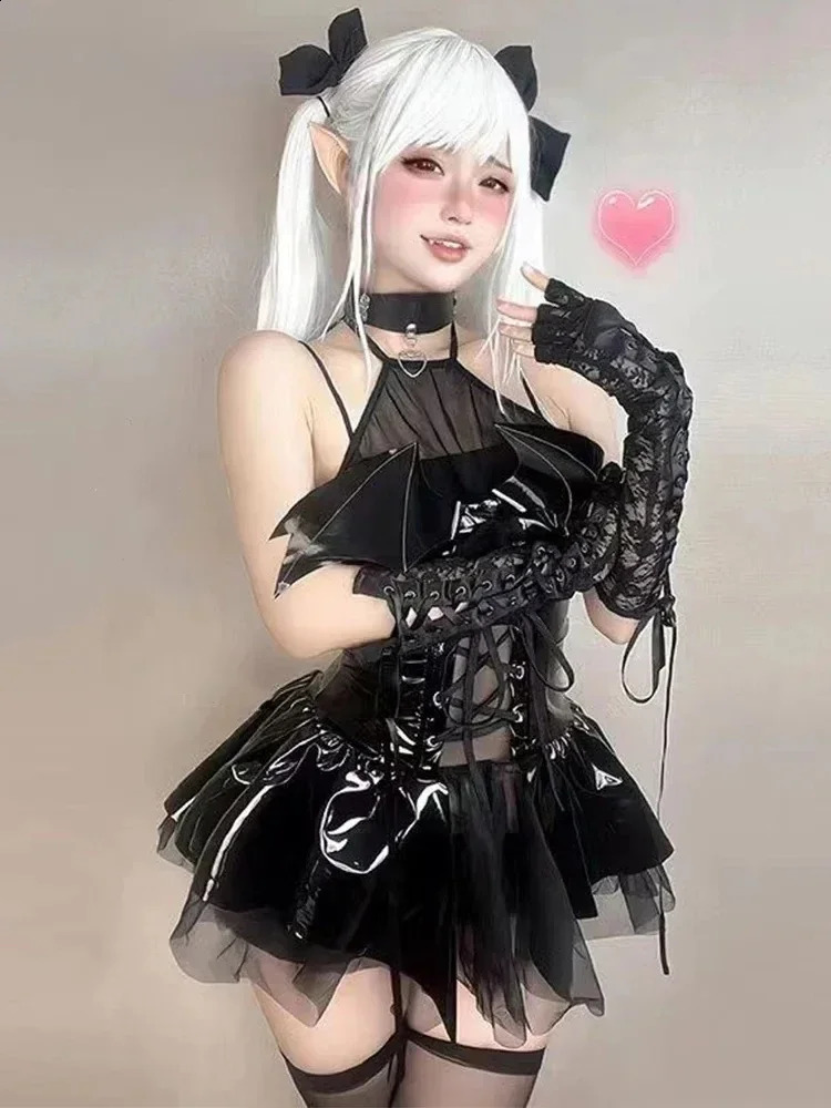 PU Leather Halter Neck Straps Bat Devil Short Mini Dress Women Sexy Lingerie Halloween Cosplay Punk Gothic Costume 260921