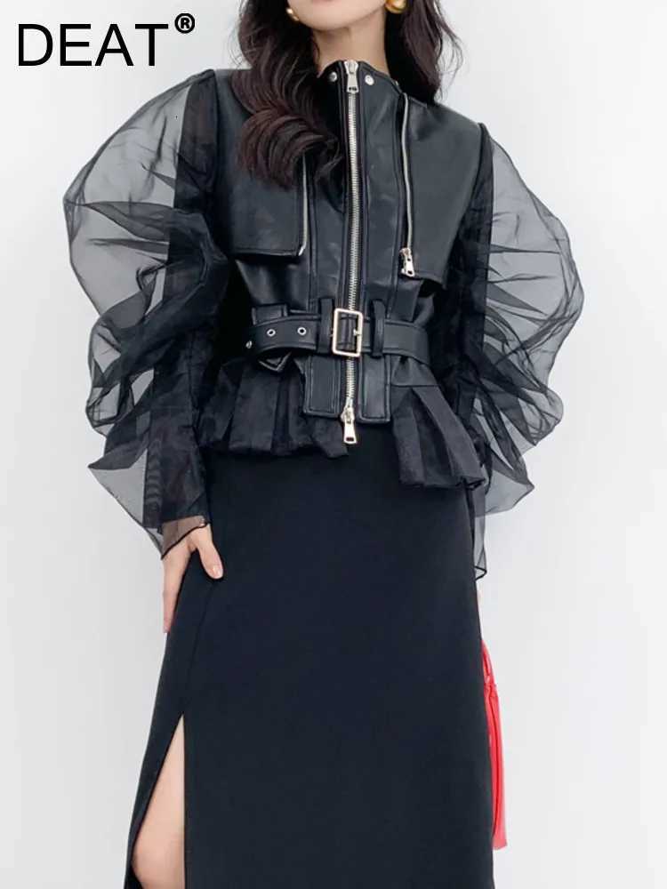 Faux Women's Leather Leather DEAT Fashion Women Leather PU Leather Lapel Zipper Fly Spliced Mesh Pile Sleeves Belt Waist Black Suede Autumn 202