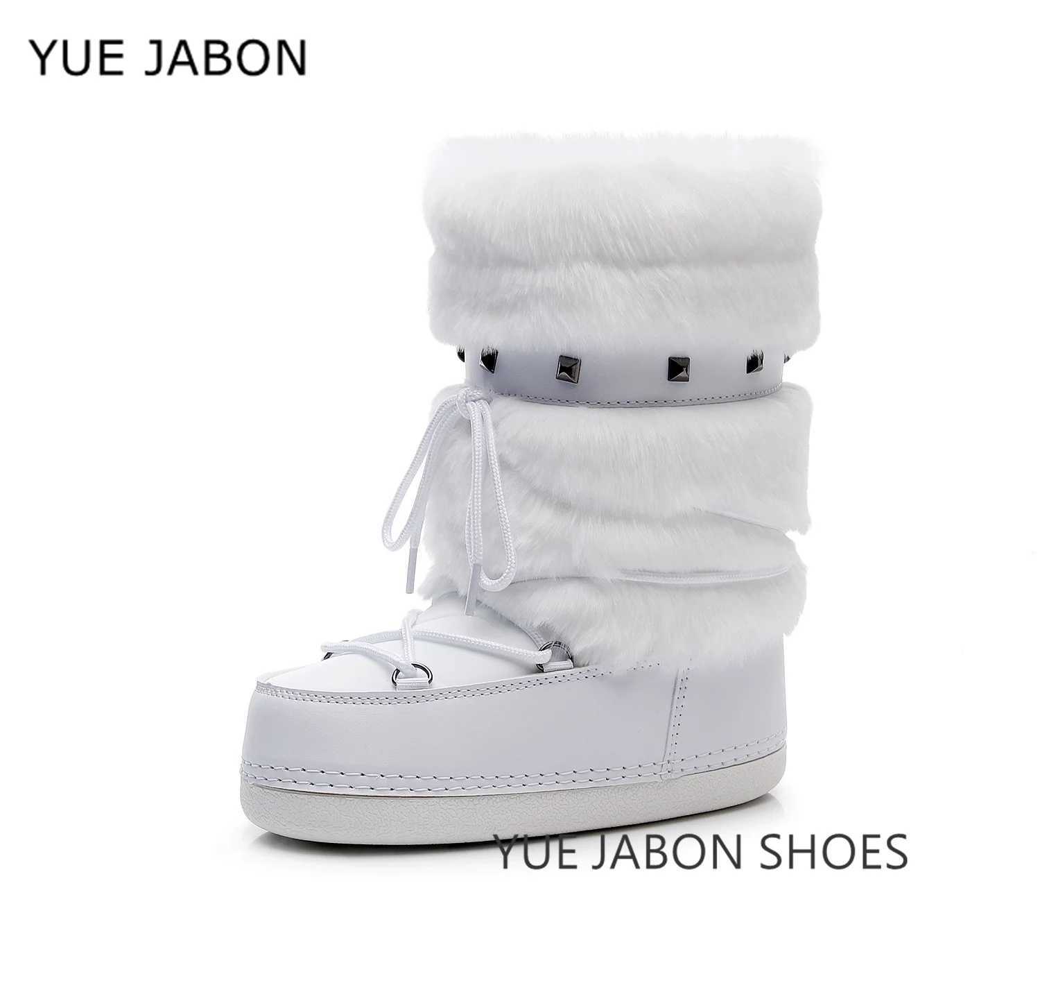 White Winter Fluffy Women's Snow Boots Outdoor Faux Fur Cotton Boots Waterproof Middle Calf Platform Shoes Female Ski Boots T260922