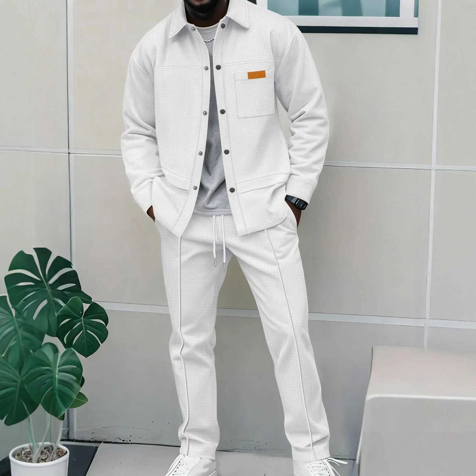 Tracksuits Men's Business-Look Men's Casual Two-Piece Set - Spring-Autumn Check Buttoned Shirt Jacket and Pants - Fashionable Trendy Sport