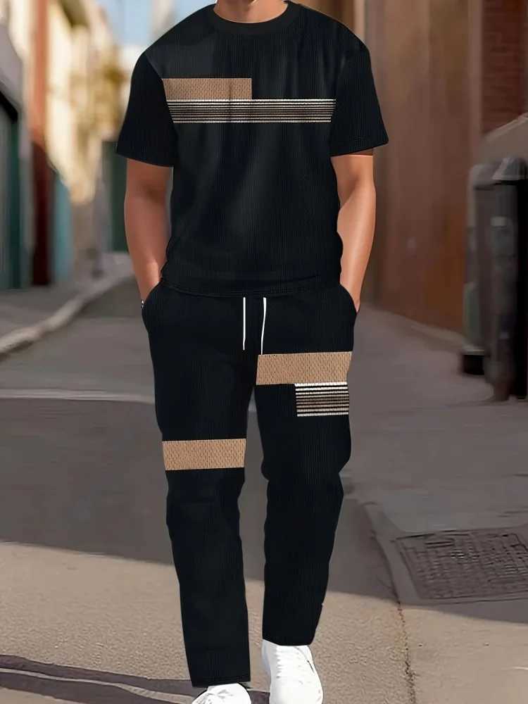 Tracksuits Summer Men's Men's Fashion Set Color-Blocked Short-Sleeve Top With Casual Drawstring Pants Two-Piece Set Relaxed Fit Casual Set