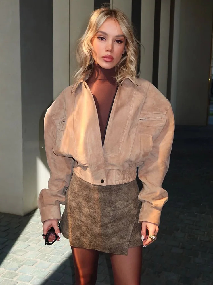 Women Solid Short Jackets Fashion Lapel Zipper Long Sleeve Pocket Cropped Coat Autumn Casual High Street Lady Outerwear 260921