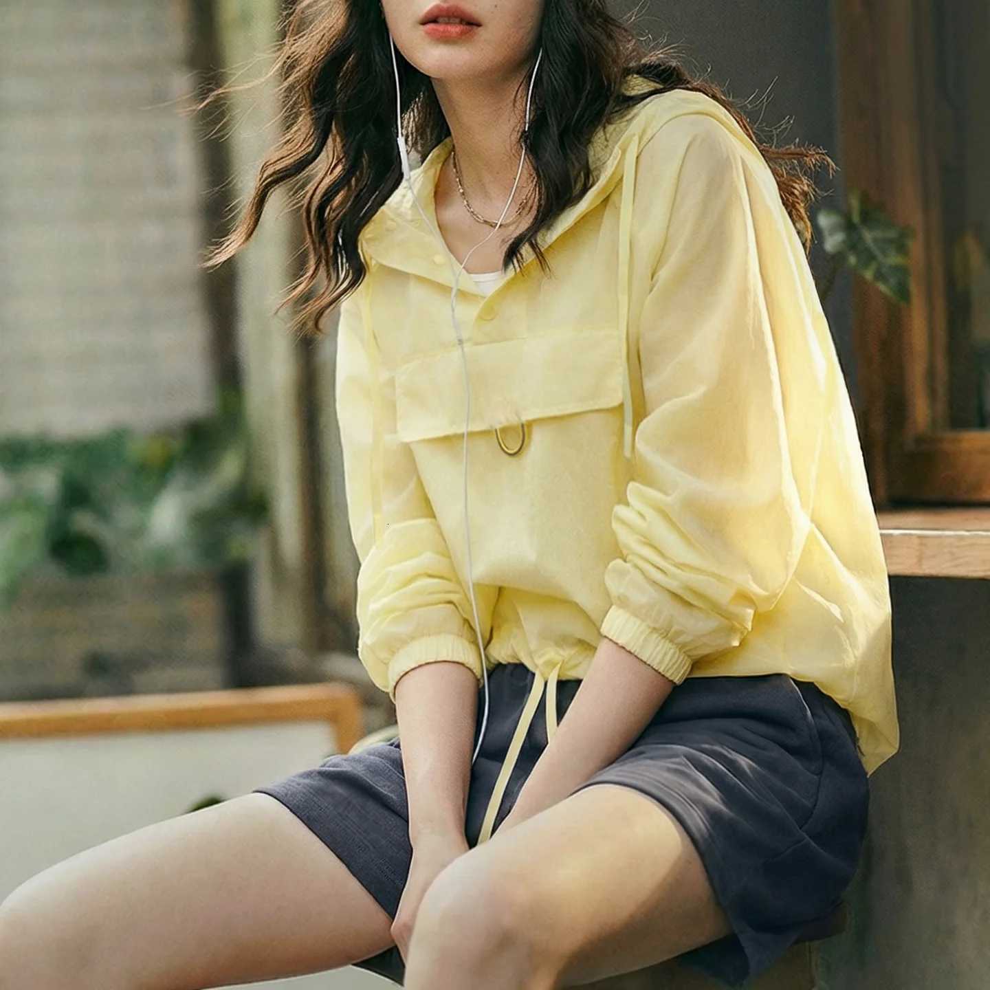 Women's Jackets Maden Women's Ultra Lightweight Sun Protection Hoodie Sheer Breathable Pullover Half Button Loose Fit Summer Jacket Yellow