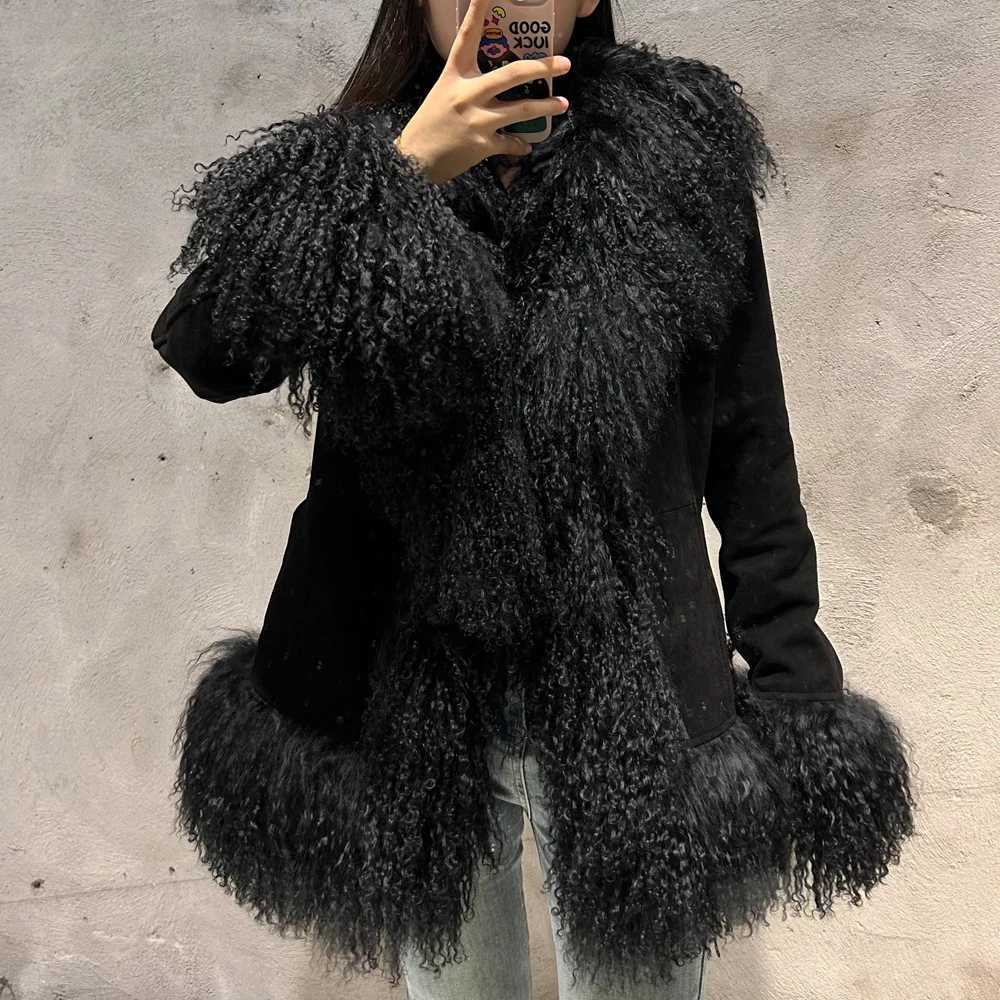 Mongolian Black Suede Sheep Fur Coat Women Fur Jacket with Long Sleeve New arrival Winter Real Fur Coat C260921