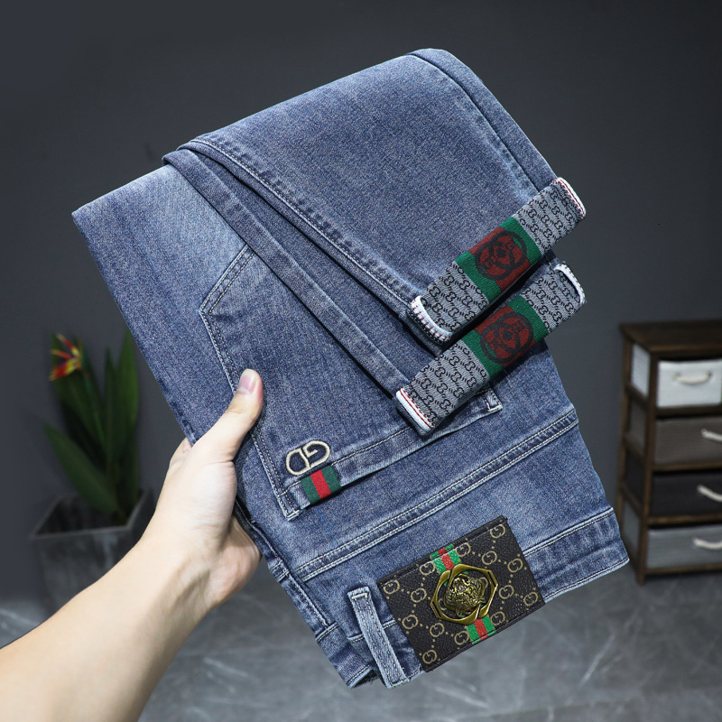 Business Mens Designer Jeans Italian High-end Luxury Style Winter Thick Elastic Pants Slim Fit Fashionable Casual Men's Pants Classic Style Plu