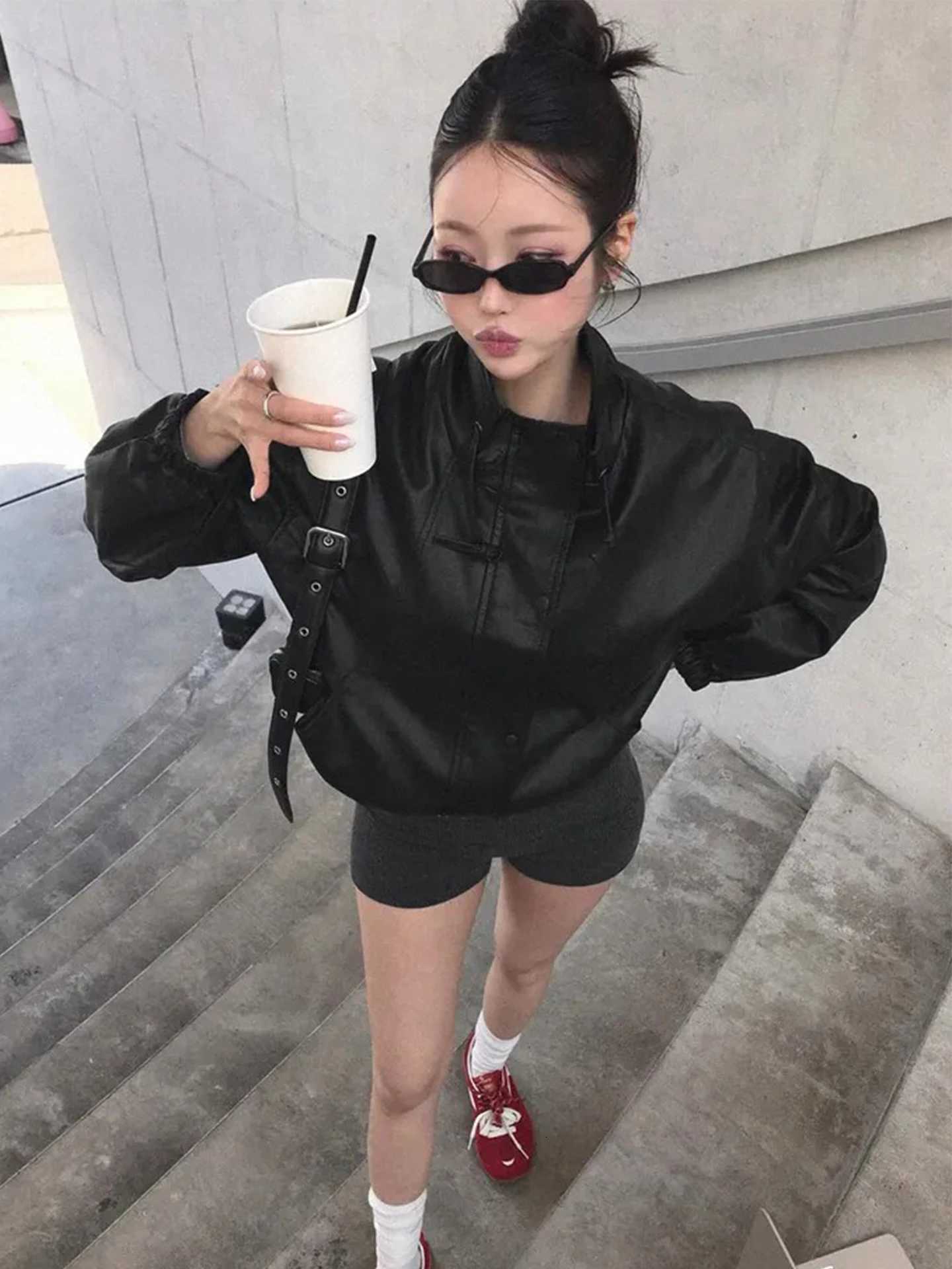 Stand Collar Retro PU Leather Jacket Women's Drawstring Belted Short Coat Korean Style Loose Fit Biker Jacket for Teens C260921