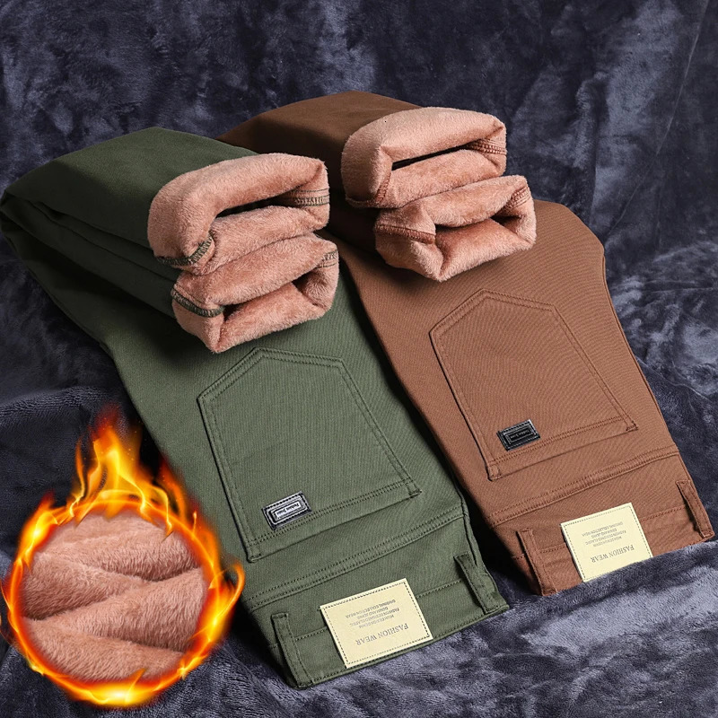 Winter Cotton Fleece Jeans Men's Fit Straight Warm Plus Velvet Denim Pants Fashion Warm Soft Elasticity Casual Trousers 260922