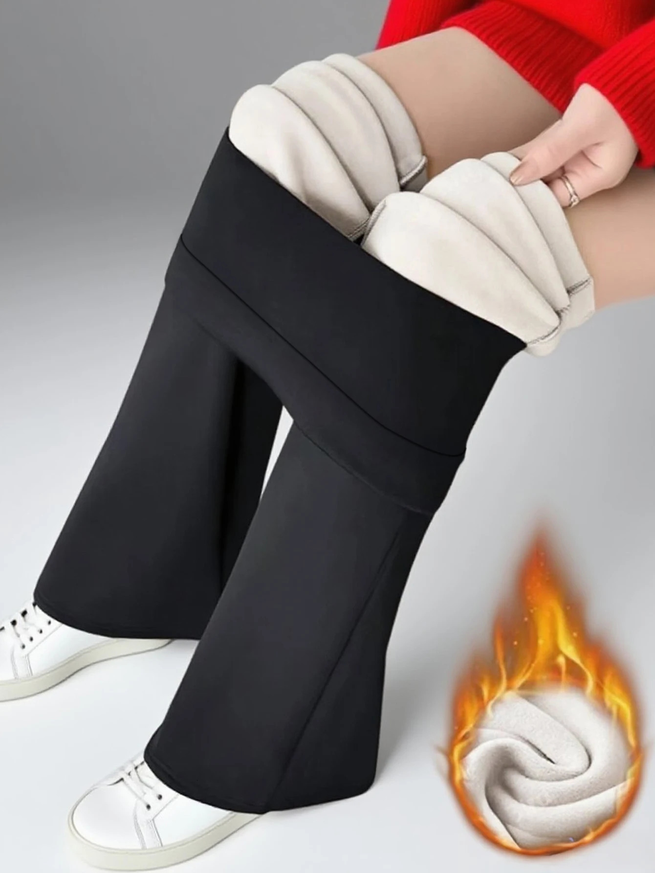 1 Pair of Women's Black Wool Lined Bell Bottom Pants - Winter Thick Pants with Plush Lining Warm Tight Pants with Plush Lining 260922