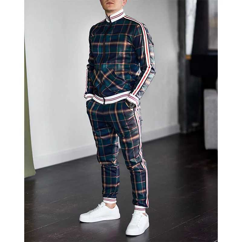Mens Men's Tracksuits Tracksuits Colorful Plaid Casual Zipper Hoodie Set 3D Print Set New Autumn Male Sweatshirt Clothes For Men J260921