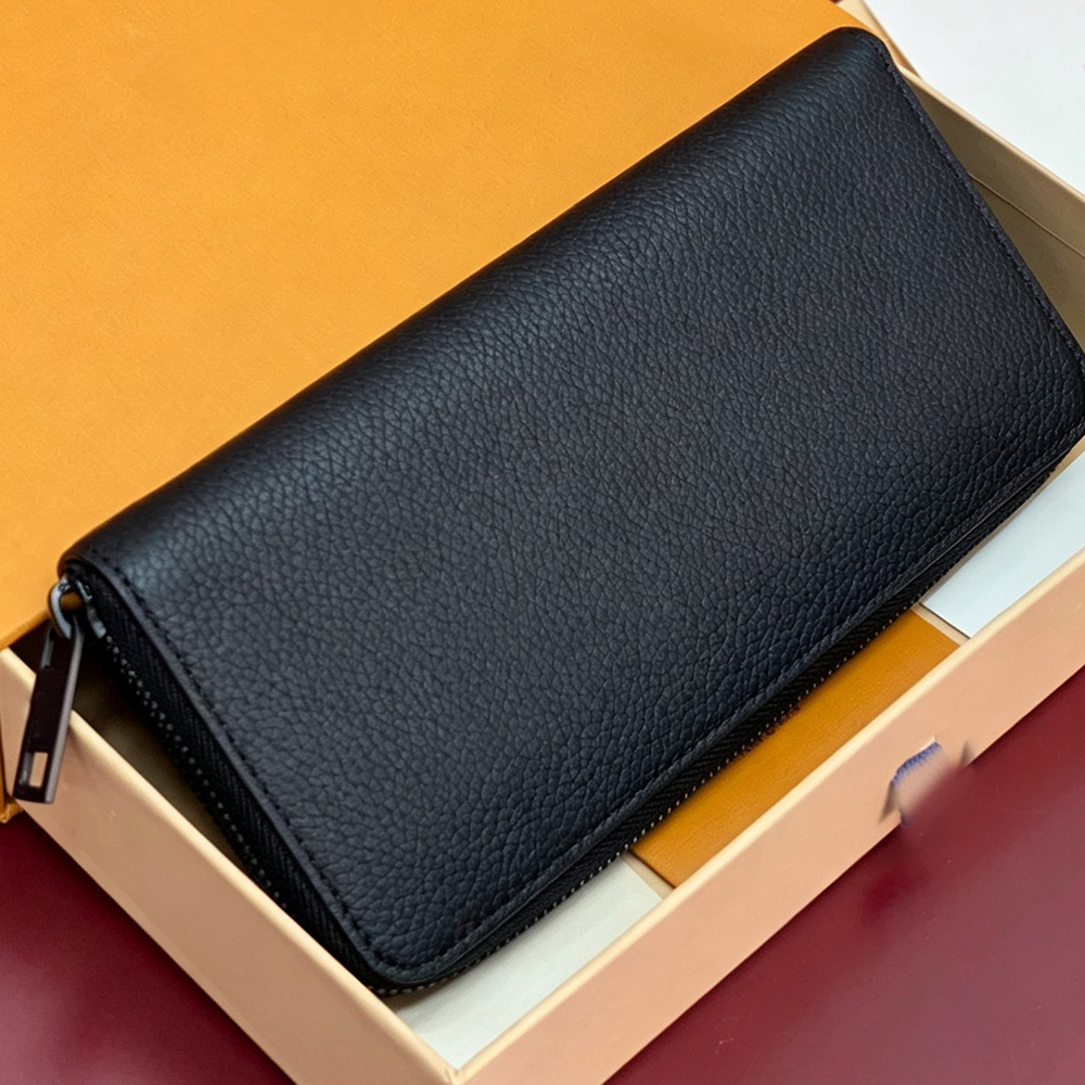 Qualité miroir Hommes Noir Designer Long Portefeuille En Cuir De Grain Véritable Multi Fentes Pour Cartes Portefeuille À Glissière Fermeture Écla