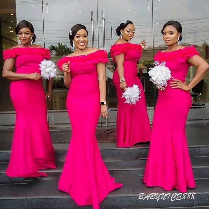 Off Shoulder Fuchsia Mermaid Bridesmaid Dress Plus Size Satin Evening Gown with Ruffle Detailing Floor Length Hemline Capped Short Sleeves Zipper Ba