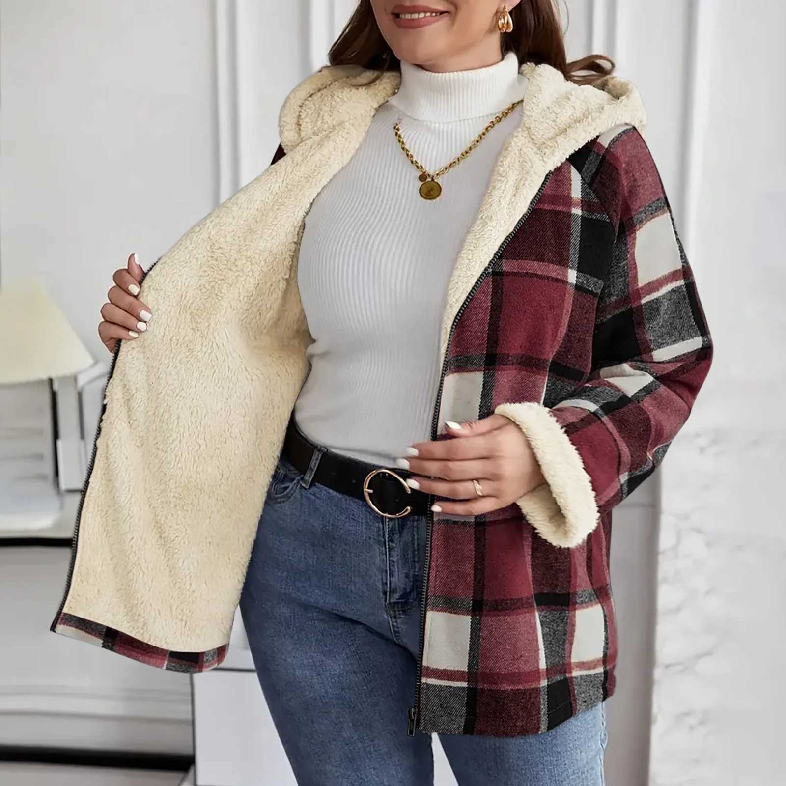 Women's Jackets Women's Large Plaid Style Womens Jacket With Hooded Plaid Autumn And Winter Casual Loose Black White Plaid Coat Button Fal