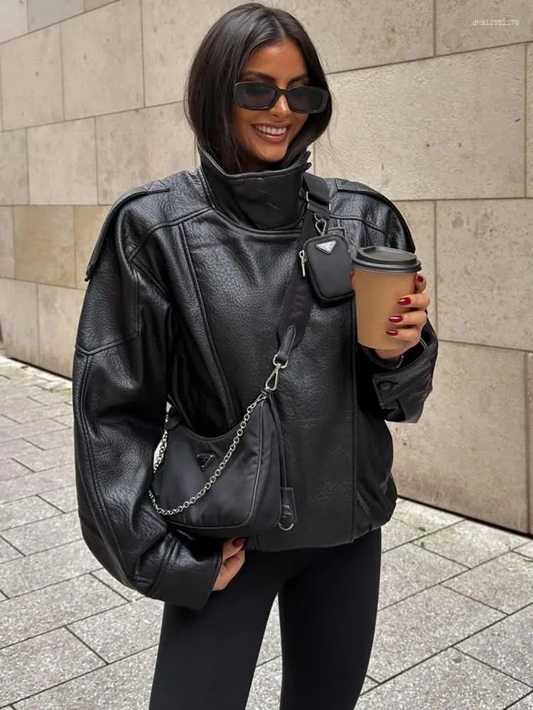 New 2026 Women's motorcycle leather PU imitation leather loose jacket black jacket